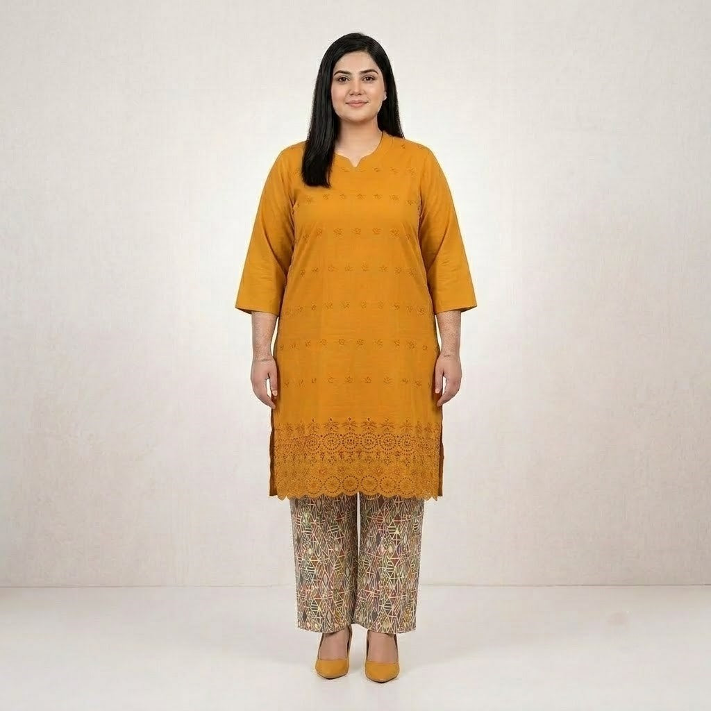 Mustard yellow Chikankari Lawn shirt with printed Lawn trouser co-ord set