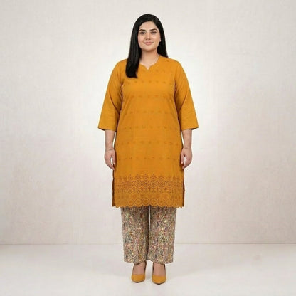 Mustard yellow Chikankari Lawn shirt with printed Lawn trouser co-ord set