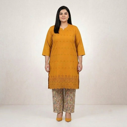 Mustard yellow Chikankari Lawn shirt with printed Lawn trouser co-ord set