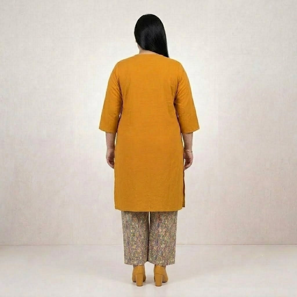 Mustard yellow Chikankari Lawn shirt with printed Lawn trouser co-ord set