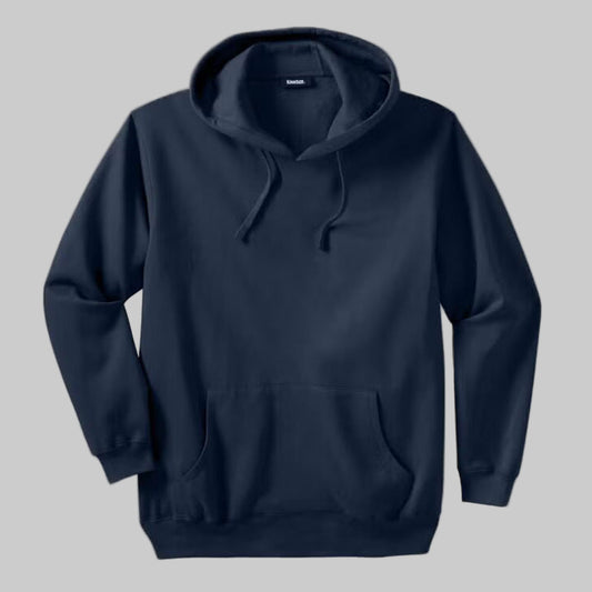 Navy fleece pullover hoodie for plus-size men with drawstring hood, front pouch pocket, and ribbed cuffs — soft cotton-poly casual wear.