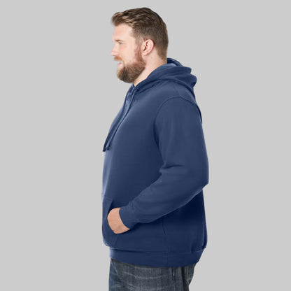 Navy fleece pullover hoodie for plus-size men with drawstring hood, front pouch pocket, and ribbed cuffs — soft cotton-poly casual wear.
