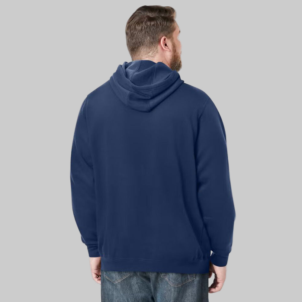 Navy fleece pullover hoodie for plus-size men with drawstring hood, front pouch pocket, and ribbed cuffs — soft cotton-poly casual wear.