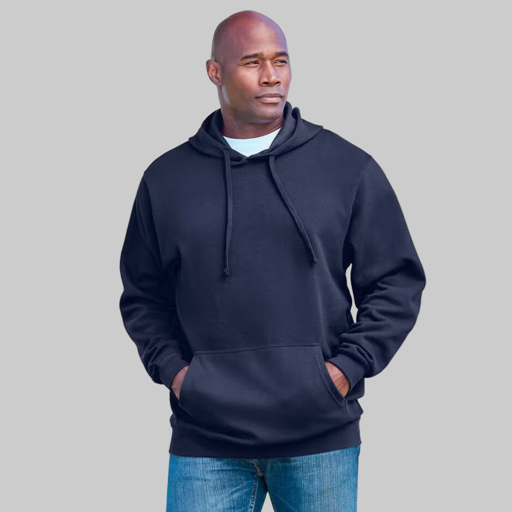 Navy fleece pullover hoodie for plus-size men with drawstring hood, front pouch pocket, and ribbed cuffs — soft cotton-poly casual wear.