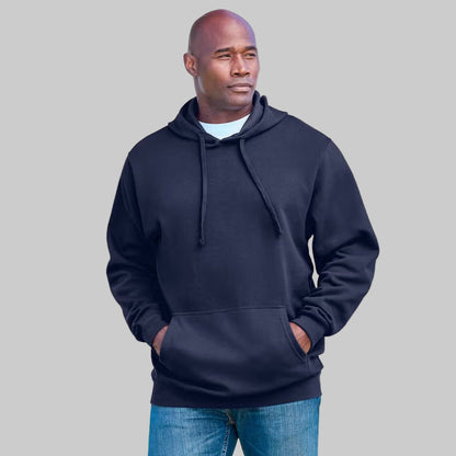Navy fleece pullover hoodie for plus-size men with drawstring hood, front pouch pocket, and ribbed cuffs — soft cotton-poly casual wear.