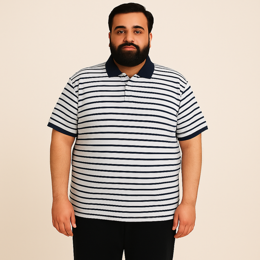 White and navy striped plus-size polo shirt for men with short sleeves and a navy collar