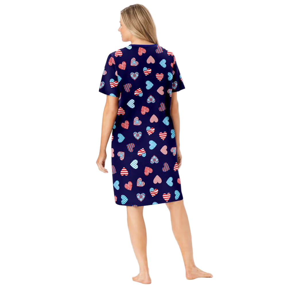 Navy Americana Heart Short Print Sleepshirt with playful heart prints, ribbed V-neck, short sleeves, and A-line silhouette – women’s 40-inch cotton sleepwear.