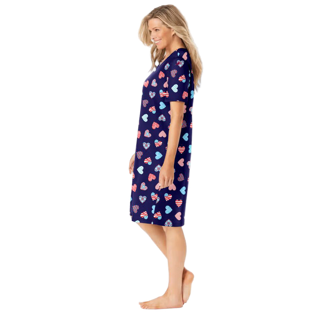 Navy Americana Heart Short Print Sleepshirt with playful heart prints, ribbed V-neck, short sleeves, and A-line silhouette – women’s 40-inch cotton sleepwear.