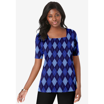 Navy Argyle Square Neck Top PSW-7802