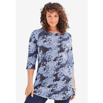 Navy Bandana Paisley Boatneck Ultimate Tunic with Side Slits PSW-8725