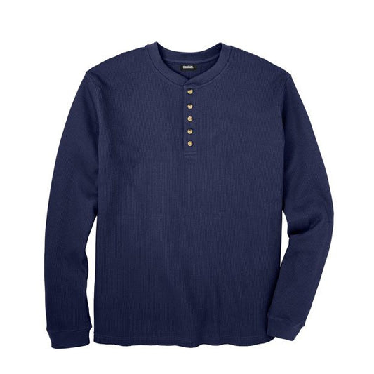 Navy blue big size Henley thermal shirt with waffle-knit texture and five-button placket

