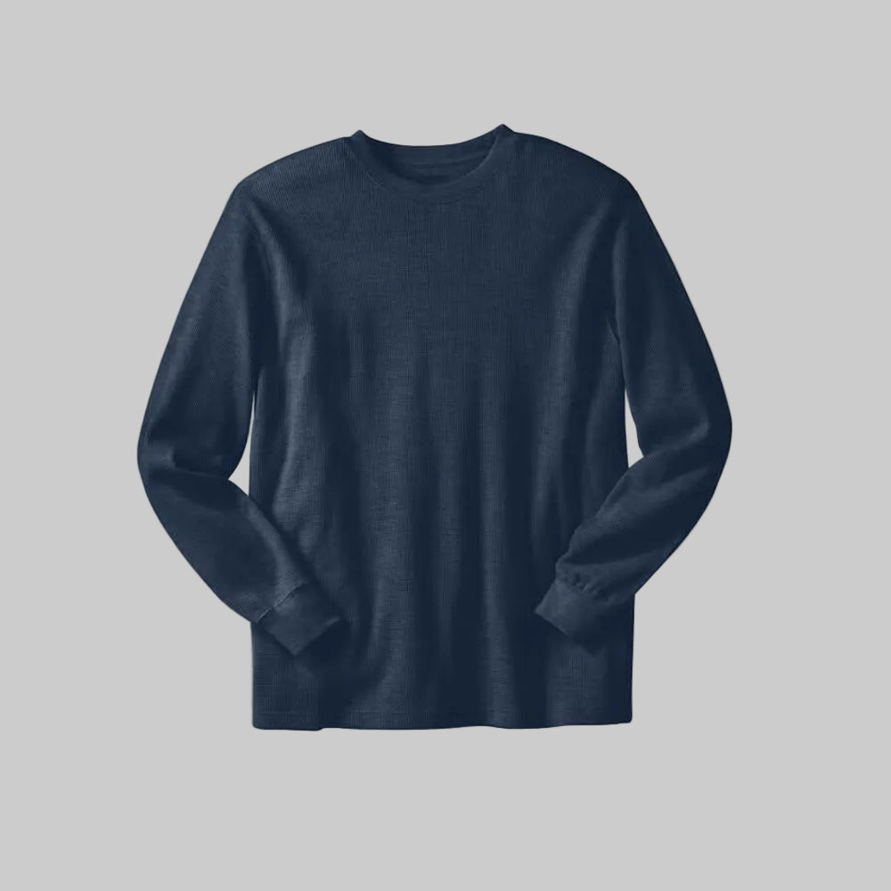 Navy big and tall waffle-knit thermal crewneck shirt with relaxed fit and ribbed cuffs