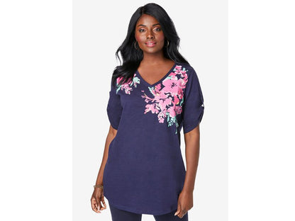 Navy Blossom Floral V-Neck Boyfriend Slub Tunic PSW-6528