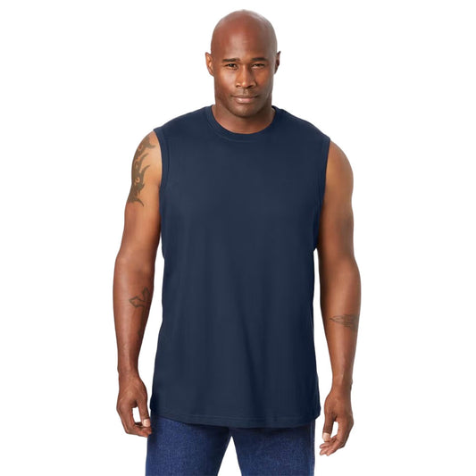 Plus-size Shrink-Less™ muscle T-shirt with a relaxed fit, taped seams, and shrink-resistant cotton fabric for all-day comfort.