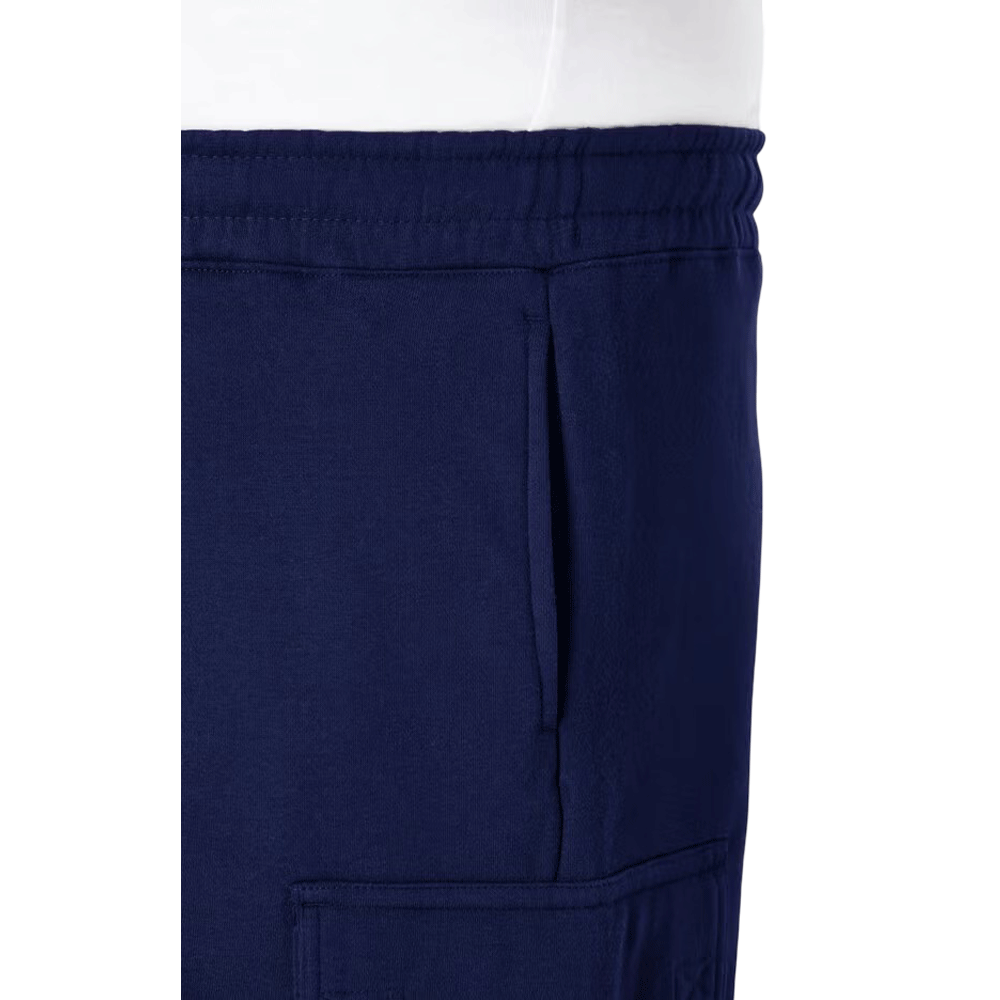 Plus-size fleece cargo shorts with a relaxed fit, elastic waistband, drawstring, and secure cargo pockets for comfort and function.
