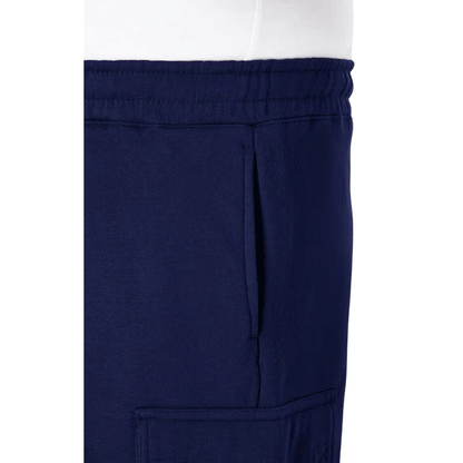 Plus-size fleece cargo shorts with a relaxed fit, elastic waistband, drawstring, and secure cargo pockets for comfort and function.