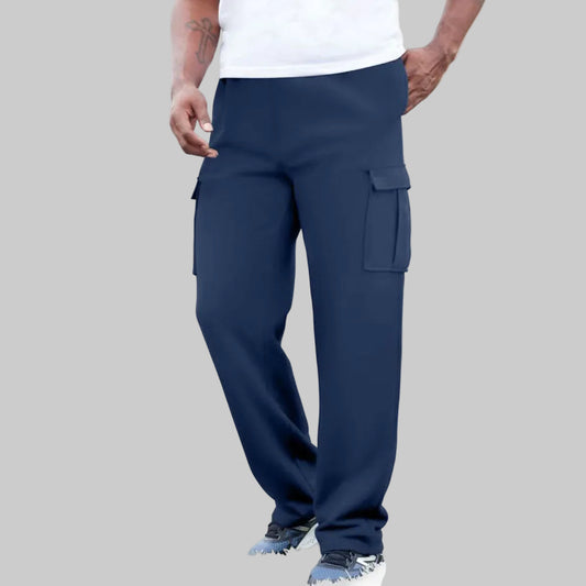Navy fleece cargo sweatpants for big and tall men with elastic waistband and cargo pockets.