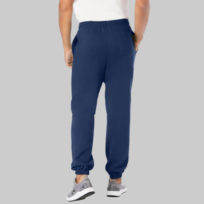 Navy blue fleece closed-bottom sweatpants for plus-size men with elastic cuffs and pockets on a clean studio background.