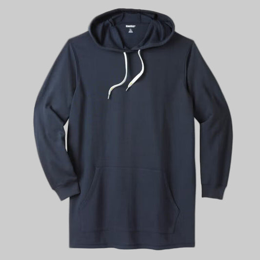 Navy blue long-length fleece pullover hoodie with white drawstring, kangaroo pocket, side vents, and ribbed cuffs — soft cotton-poly casual wear.