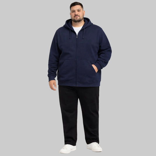 Navy blue classic full-zip fleece hoodie worn by plus-size male model, front view