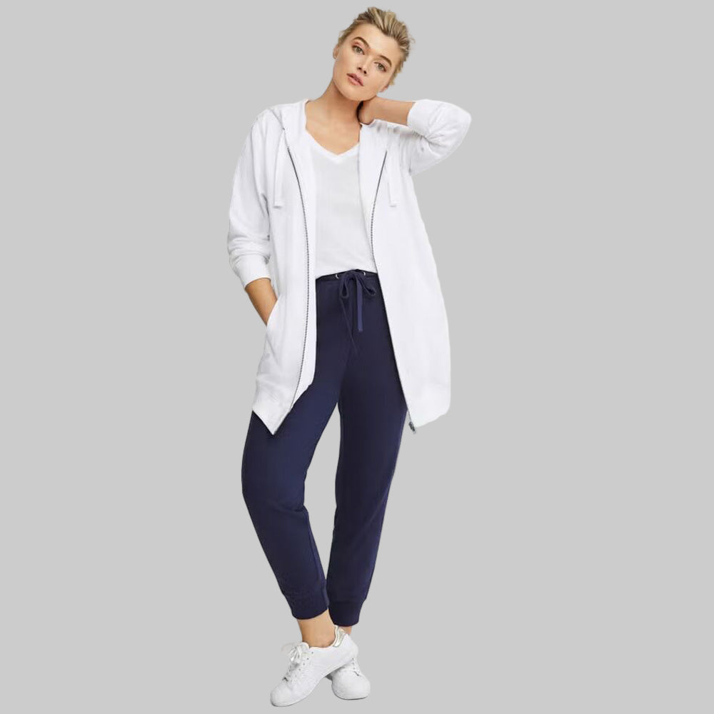 Navy Blue French Terry Sweatpants with elastic waistband, drawstring, and ribbed cuffs — soft ankle-length plus size joggers for women.