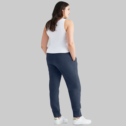 Navy Blue French Terry Sweatpants with elastic waistband, drawstring, and ribbed cuffs — soft ankle-length plus size joggers for women.