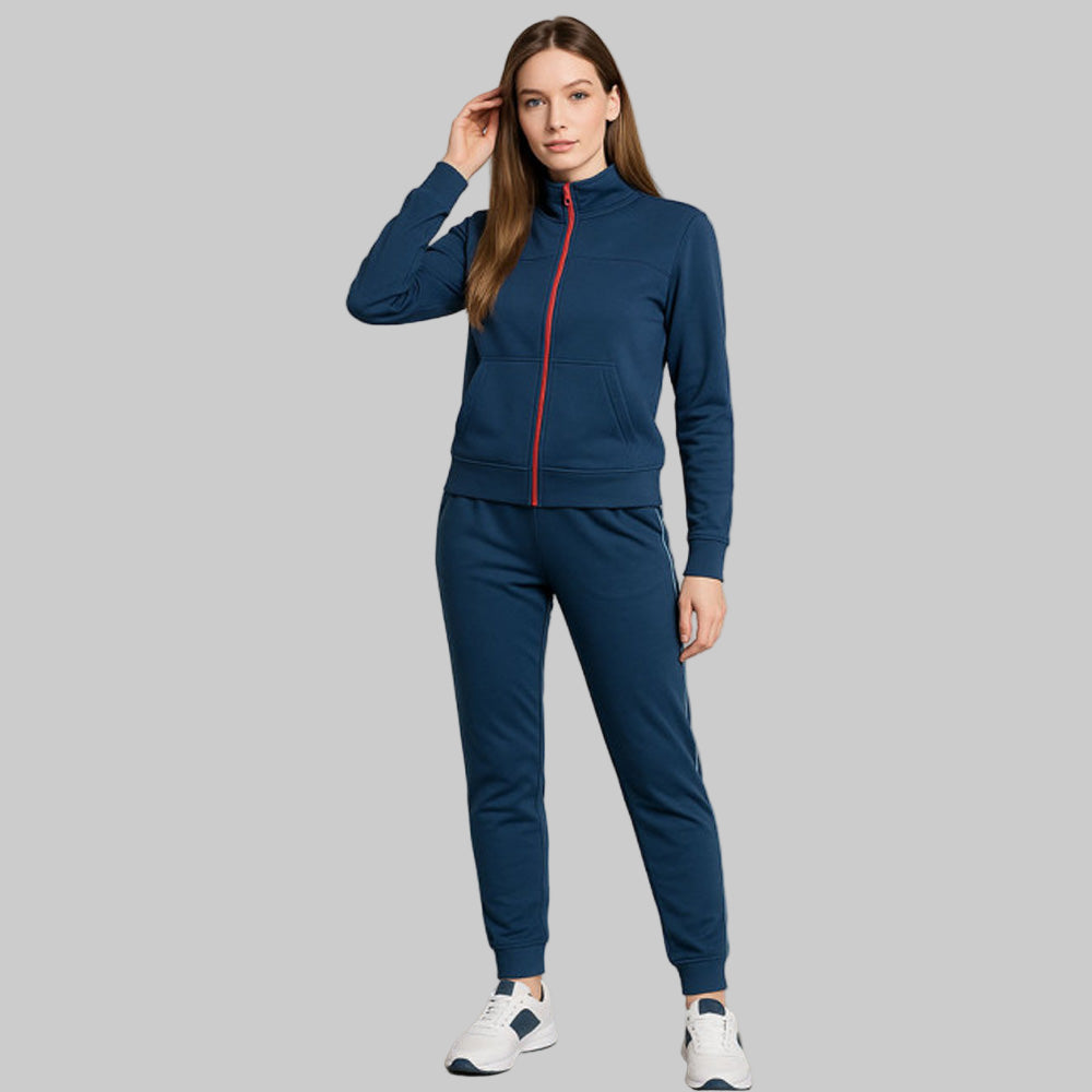 Navy Blue Full-Zip Tracksuit Set with contrast scoop neckline and elastic waist pants — soft, casual women’s lounge set.