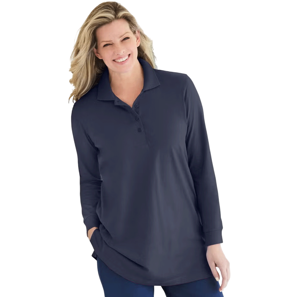 Navy blue long-sleeve polo shirt with a collar and button placket, made from soft knit fabric, shown on a plus-size mannequin.