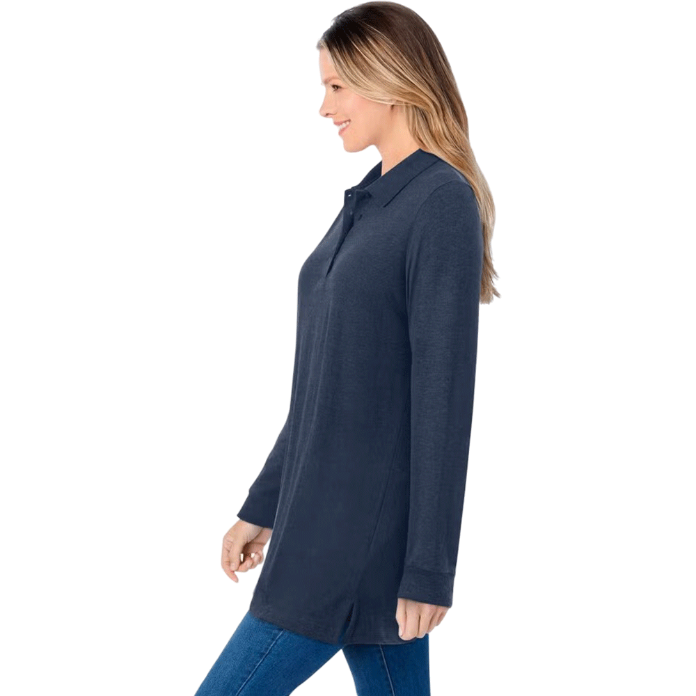 Navy blue long-sleeve polo shirt with a collar and button placket, made from soft knit fabric, shown on a plus-size mannequin.