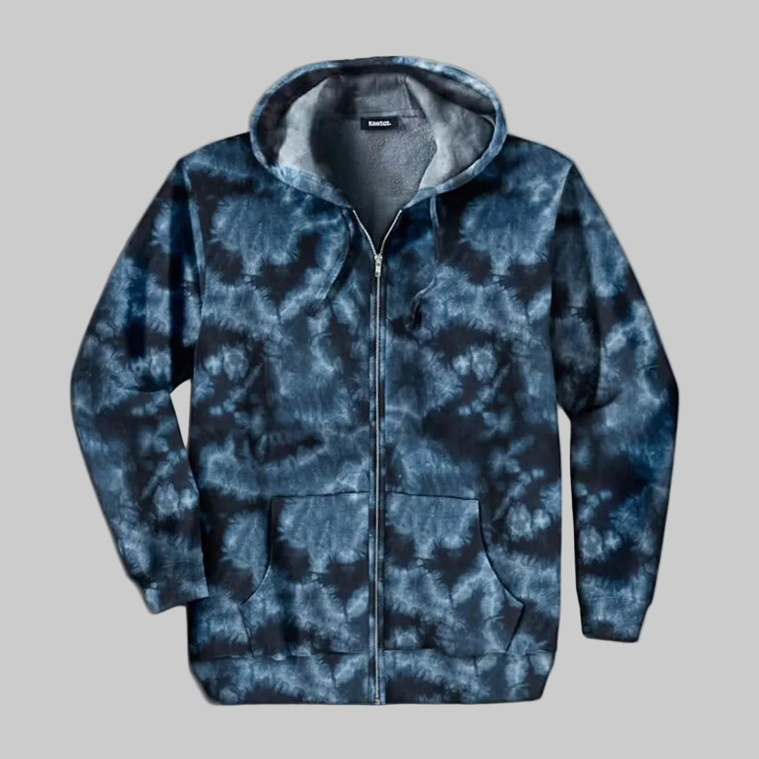 Navy marble fleece zip-front hoodie for men featuring a relaxed big and tall fit, drawstring hood, front pockets, and soft warm fabric for daily comfort.