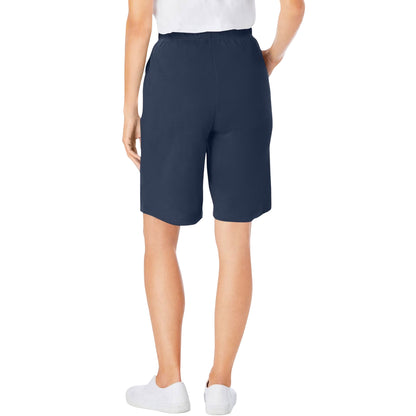 Navy blue women’s knit shorts with elastic waistband and side pockets