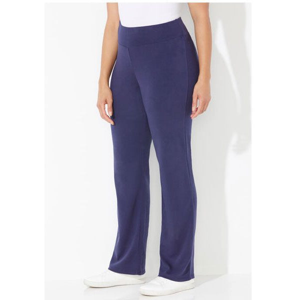Navy blue plus size yoga pants with elastic waistband and soft stretch fabric for everyday active comfort.