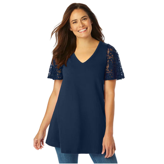 Plus-size tunic with lace flutter sleeves, a curved V-neckline, and a relaxed swingy fit. Made from a soft cotton/poly blend for comfort and style