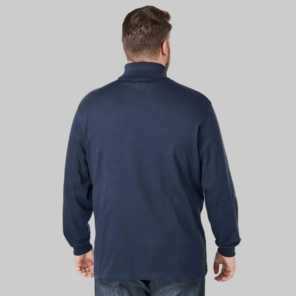 Navy blue big and tall turtleneck long-sleeve T-shirt with relaxed fit and soft cotton interlock fabric.