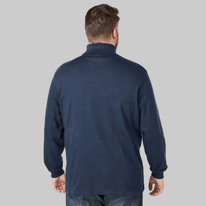 Navy blue big and tall turtleneck long-sleeve T-shirt with relaxed fit and soft cotton interlock fabric.