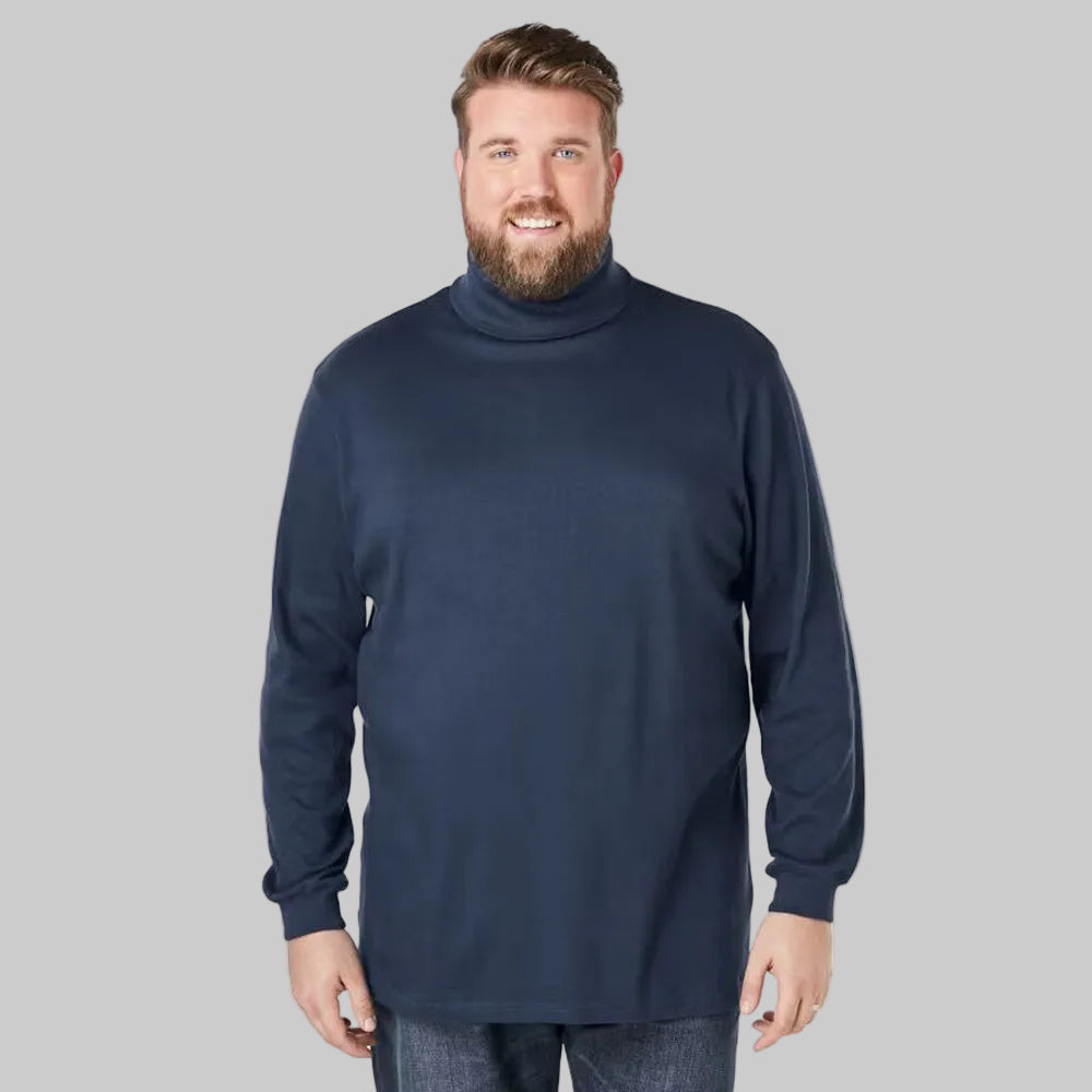 Navy blue big and tall turtleneck long-sleeve T-shirt with relaxed fit and soft cotton interlock fabric.