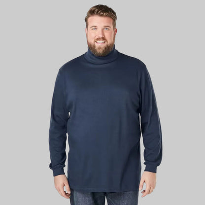 Navy blue big and tall turtleneck long-sleeve T-shirt with relaxed fit and soft cotton interlock fabric.