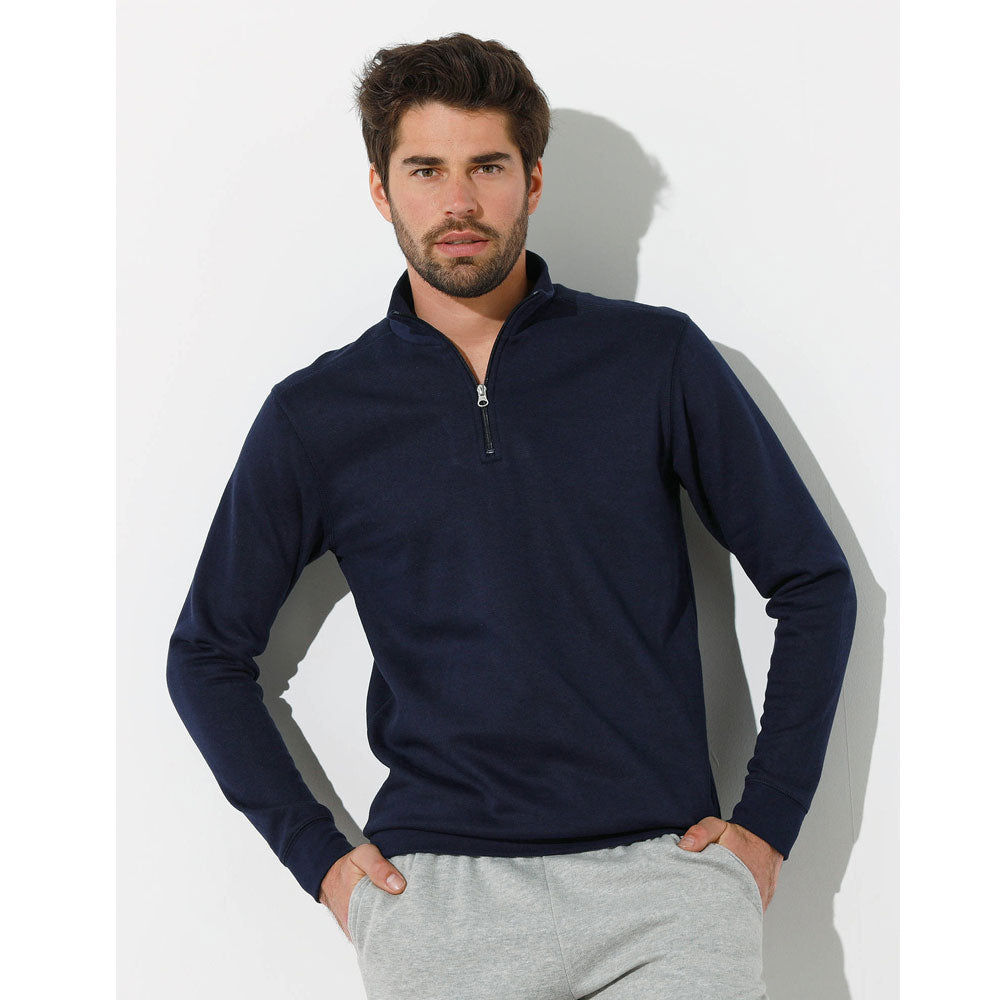 Navy Blue Zip-Up Trucker Collar Fleece Sweatshirt PSM-8926