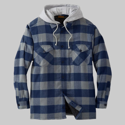 Navy buffalo check removable hooded shirt jacket for men in Pakistan – front view