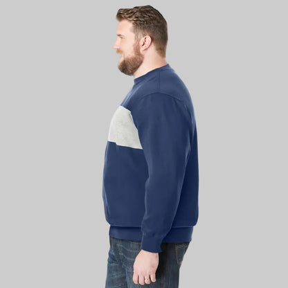 Navy colorblock fleece crewneck sweatshirt with relaxed fit and soft interior lining.