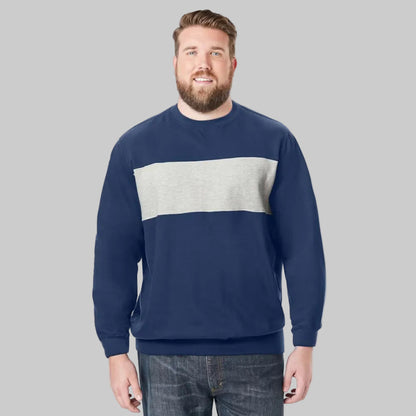 Navy colorblock fleece crewneck sweatshirt with relaxed fit and soft interior lining.