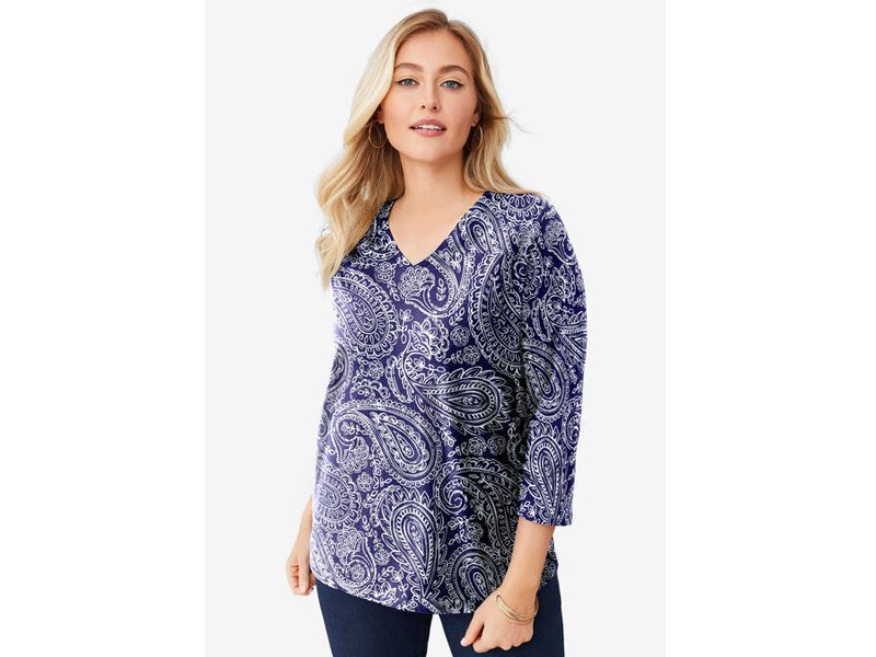 Navy Delicate Paisley V-Neck Top PSW-6950