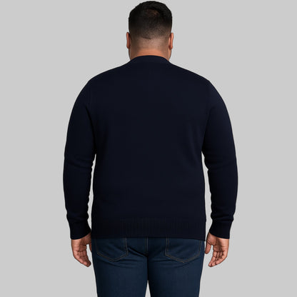 Unisex plus-size model wearing a Navy Cable Knit Cardigan Sweater made from 7G acrylic with Plain back.