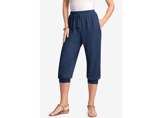 Navy Blue Drawstring Soft Knit Capri Pant PSW-6817