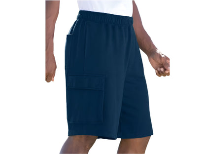 Plus-size fleece cargo shorts with a relaxed fit, elastic waistband, drawstring, and secure cargo pockets for comfort and function.