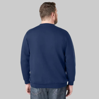 Navy fleece crewneck sweatshirt for big and tall men with relaxed fit and V-inset neckline.