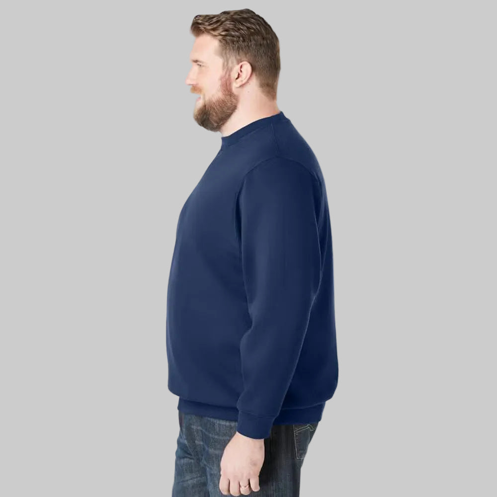 Navy fleece crewneck sweatshirt for big and tall men with relaxed fit and V-inset neckline.
