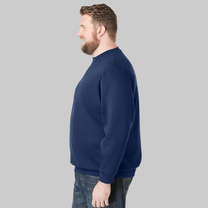 Navy fleece crewneck sweatshirt for big and tall men with relaxed fit and V-inset neckline.