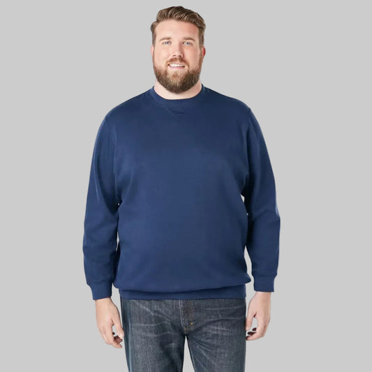 Navy fleece crewneck sweatshirt for big and tall men with relaxed fit and V-inset neckline.