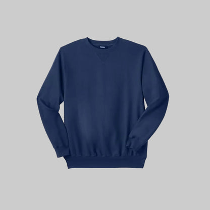 Navy fleece crewneck sweatshirt for big and tall men with relaxed fit and V-inset neckline.